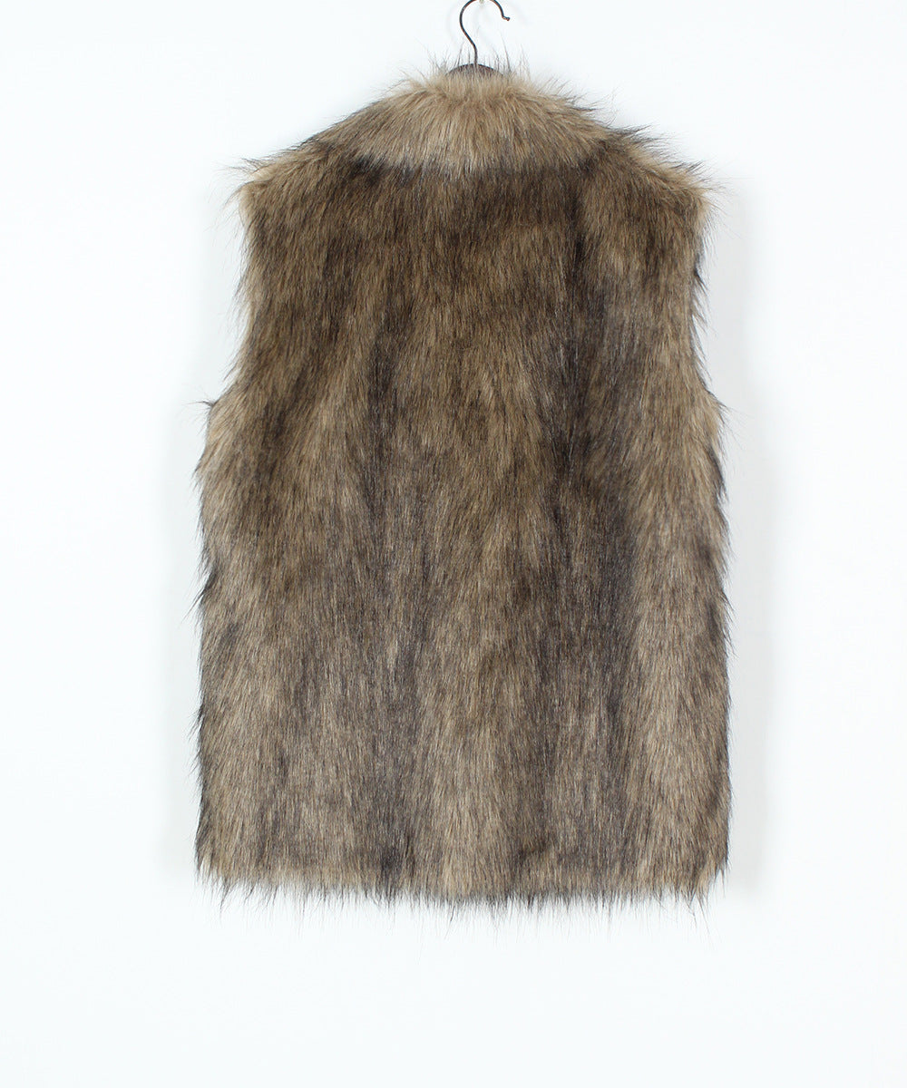 Longline Sleeveless Faux Fur Lapel Coat - Camel - 1
