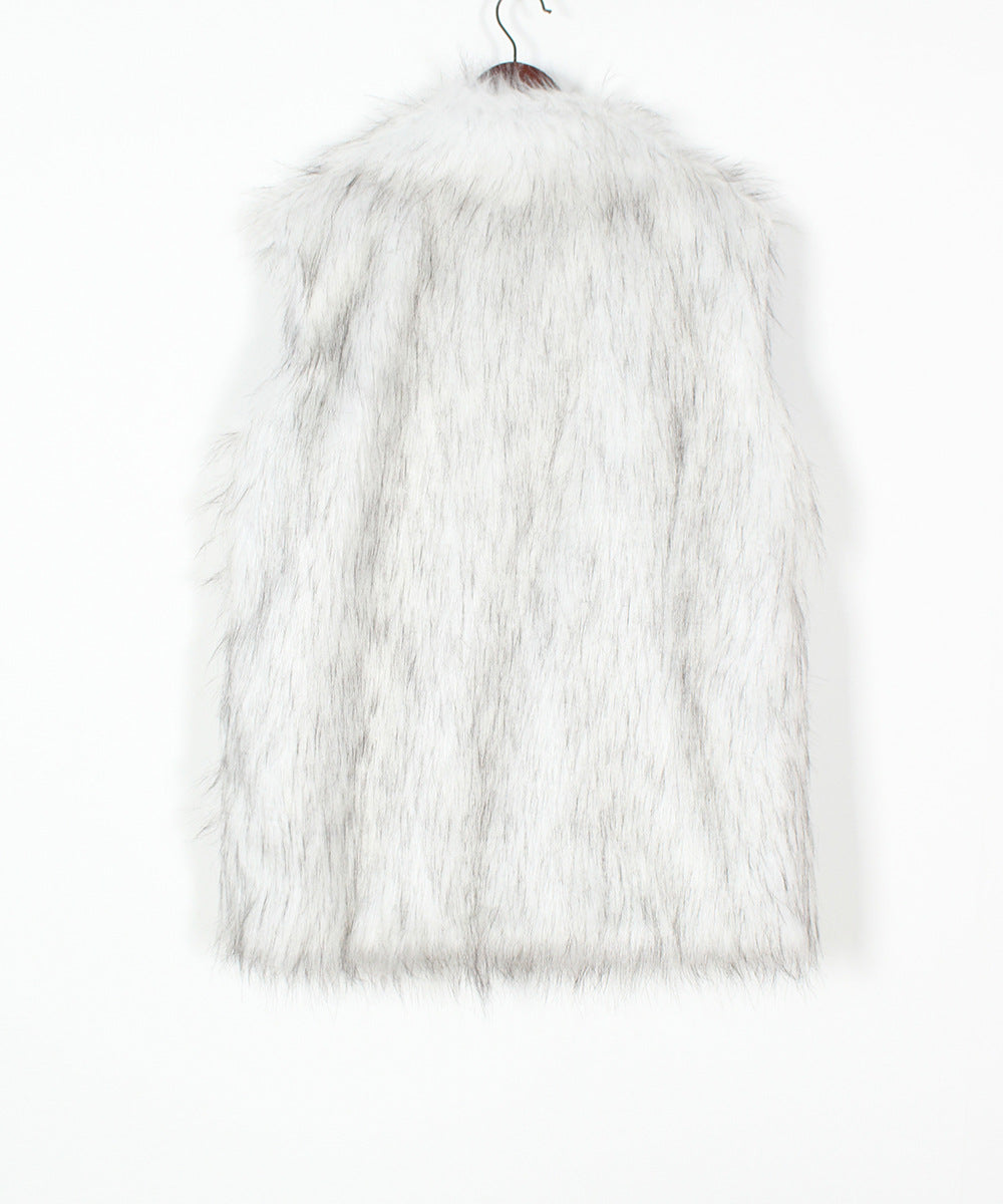 Longline Sleeveless Faux Fur Lapel Coat - White - 1