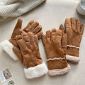 Faux Suede Shearling Cuff Winter Gloves - Chestnut