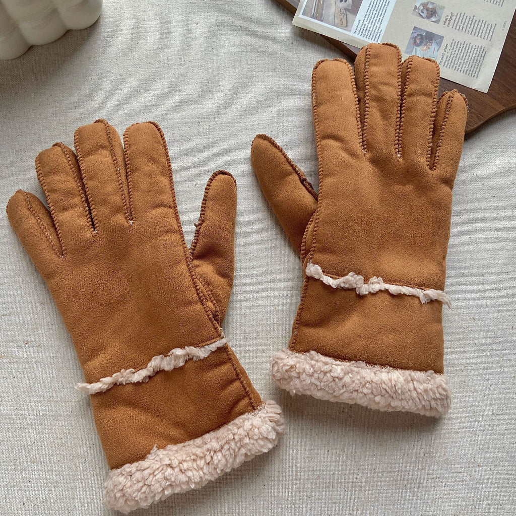 Faux Suede Shearling Cuff Winter Gloves - Chestnut - 1