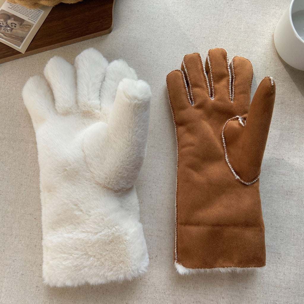 Faux Suede Shearling Cuff Winter Gloves - Chestnut - 2