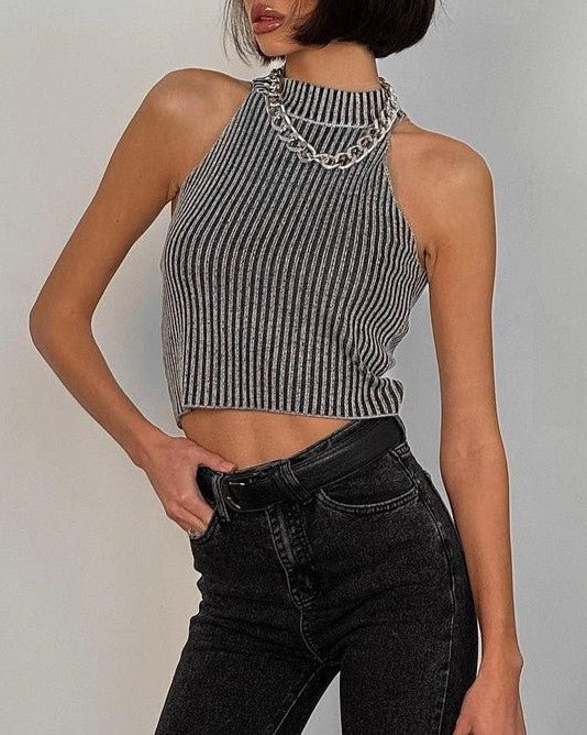 Ribbed Knit Mock Neck Crop Tank - Gray - 2