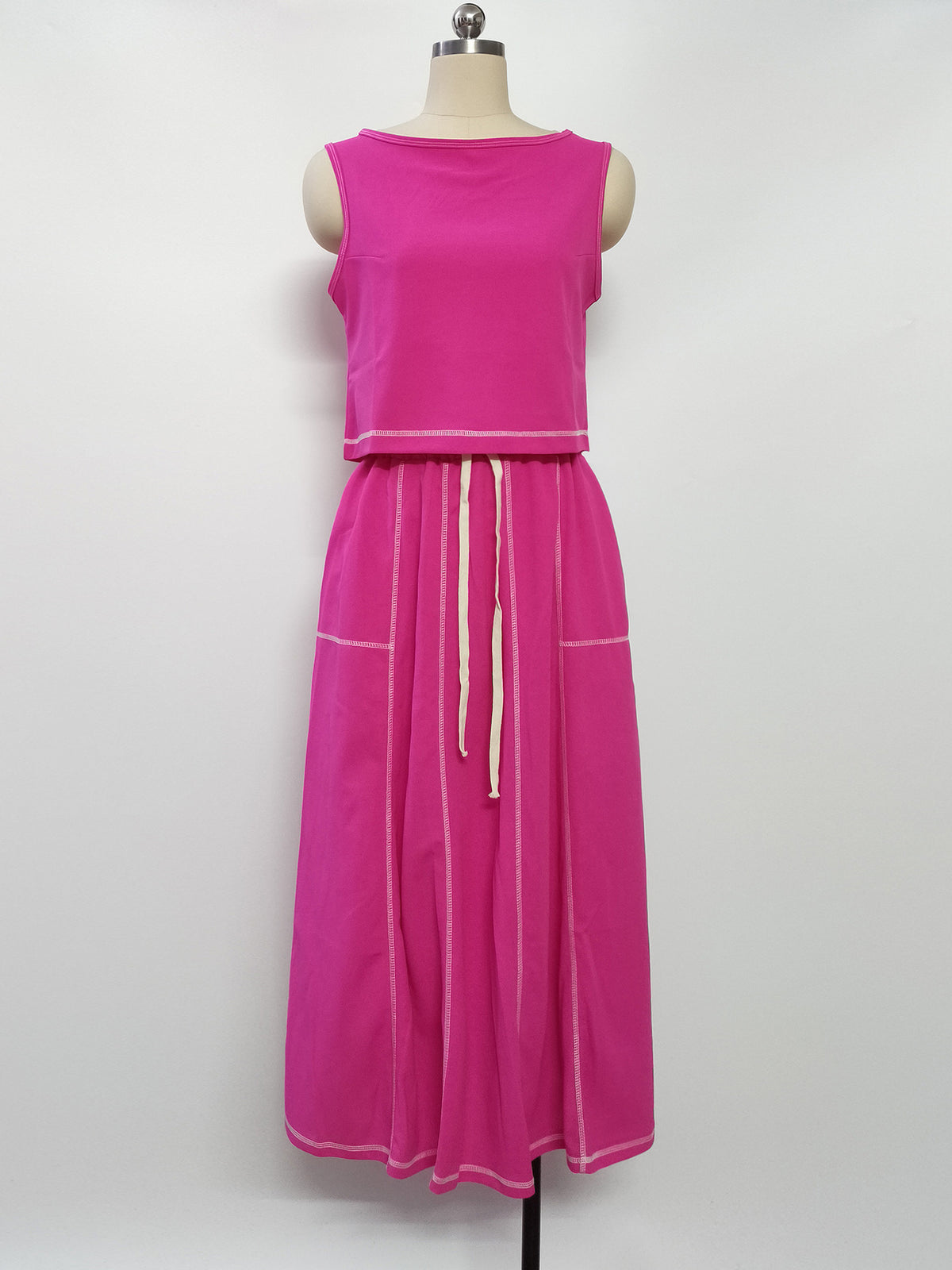Contrast Piped Tank and Flared Midi Skirt Set - Rose