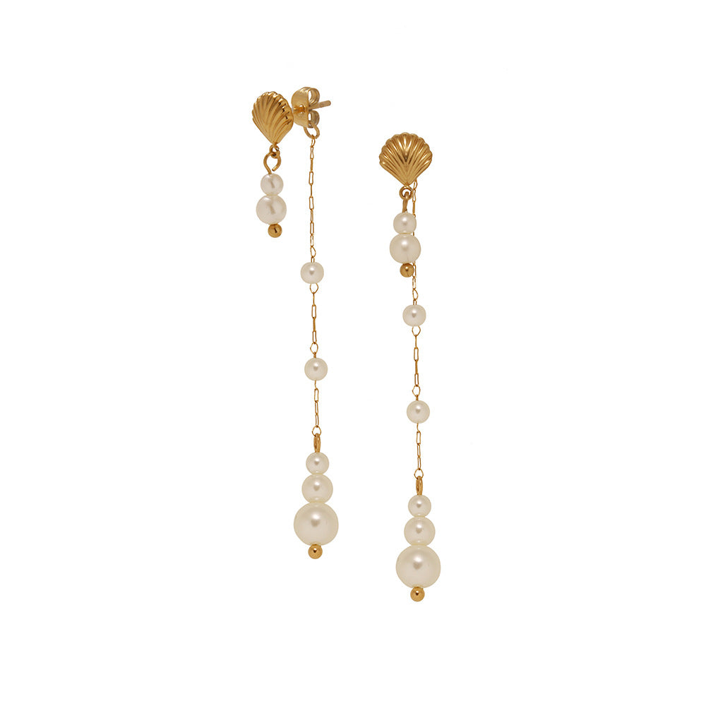Shell Stud Pearl Drop Tassel Earrings - Gold