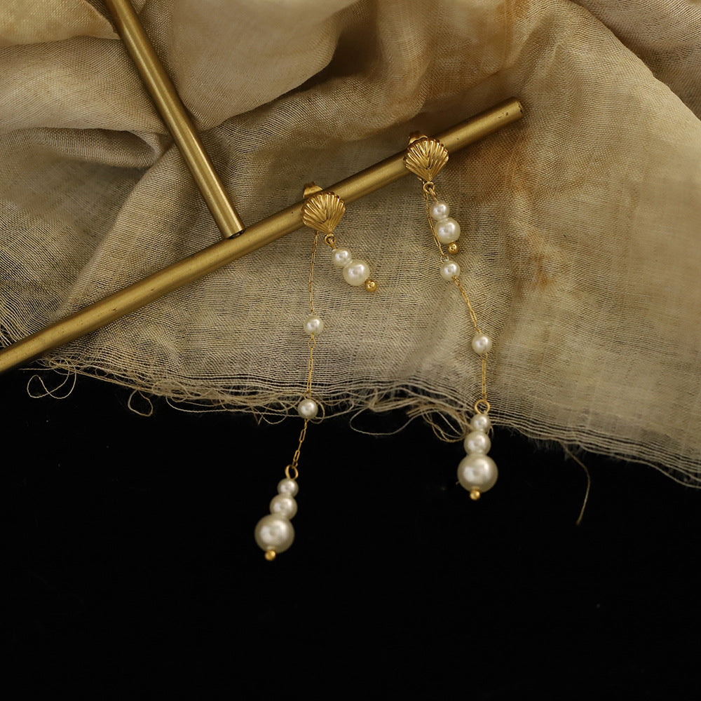 Shell Stud Pearl Drop Tassel Earrings - Gold - 1