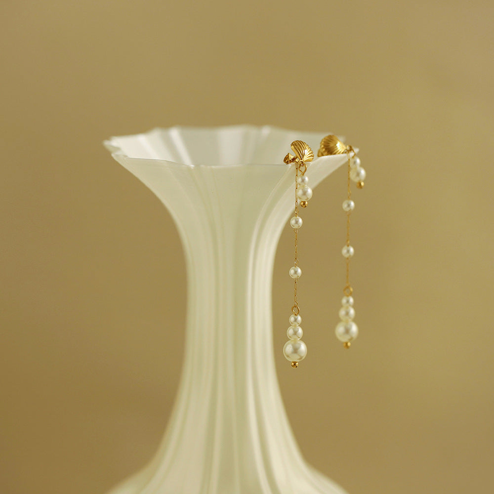 Shell Stud Pearl Drop Tassel Earrings - Gold - 2