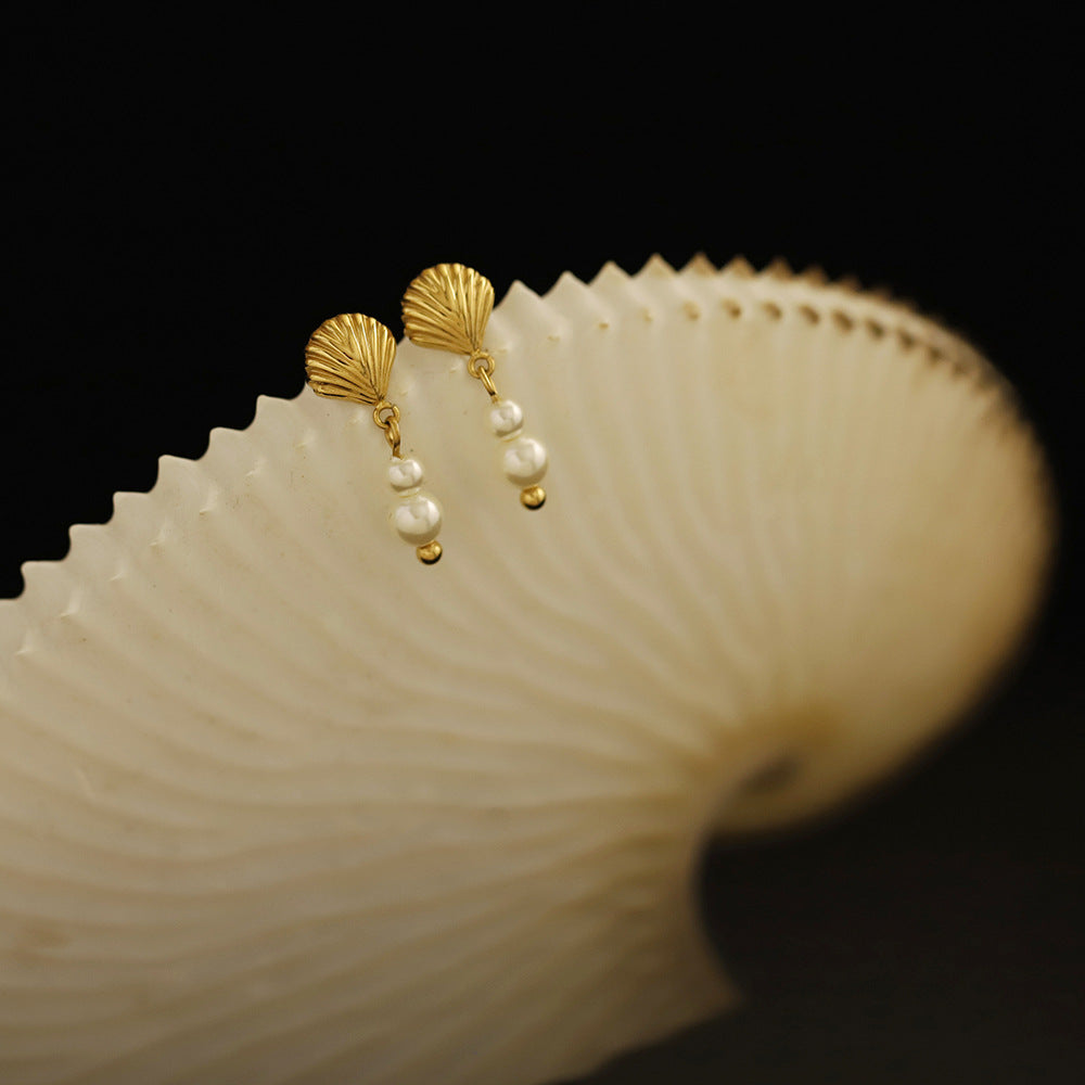 Shell Stud Pearl Drop Tassel Earrings - Gold - 3