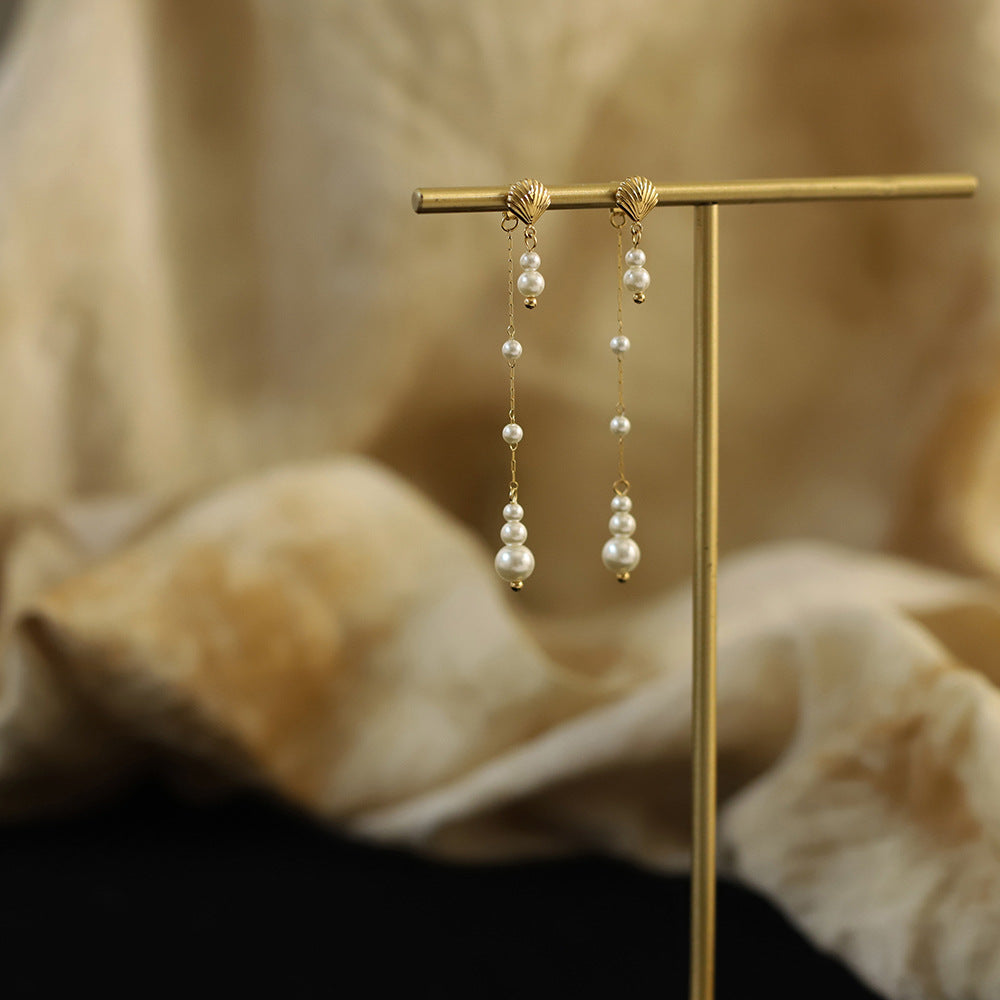 Shell Stud Pearl Drop Tassel Earrings - Gold - 4