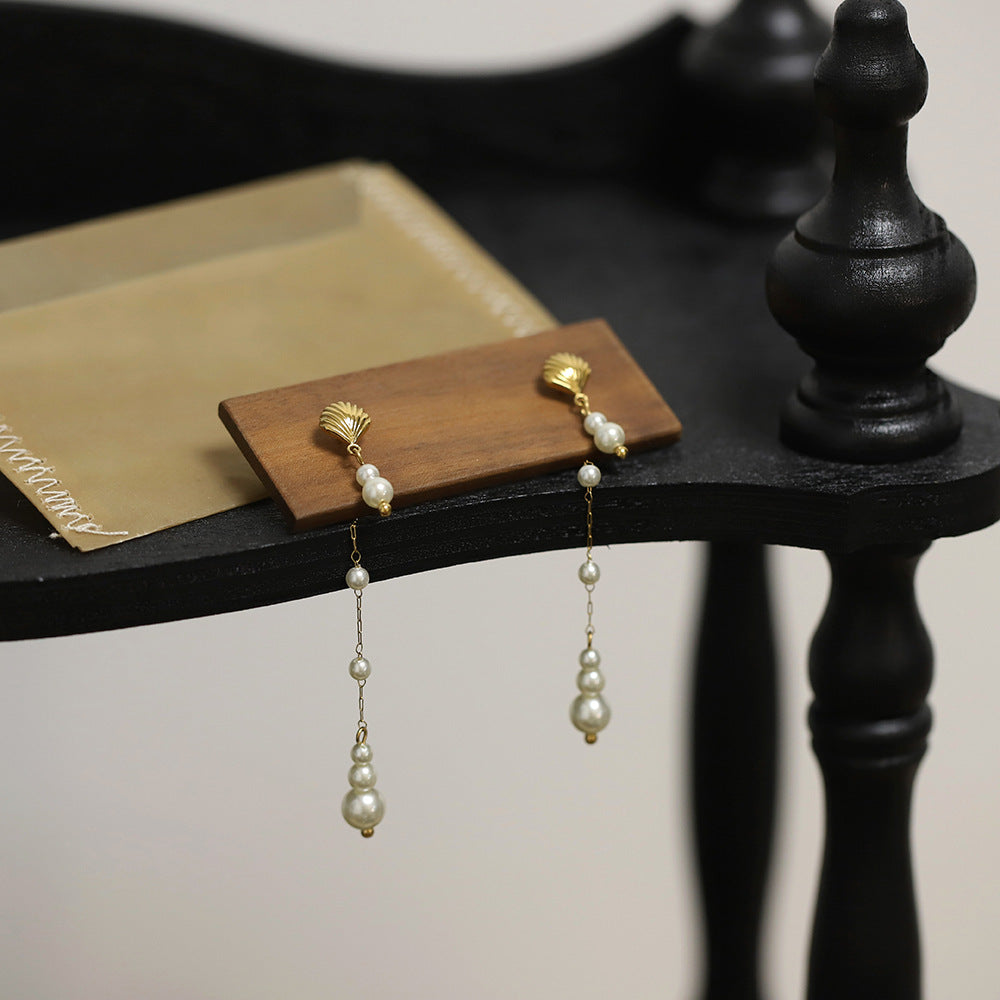 Shell Stud Pearl Drop Tassel Earrings - Gold - 5