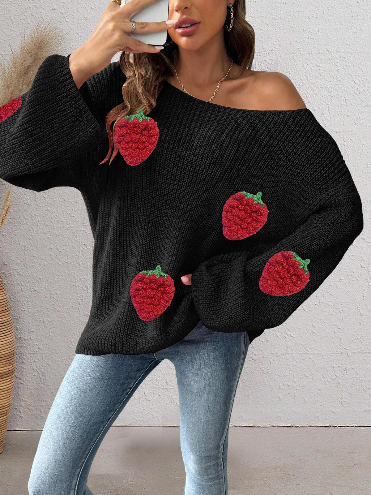 Strawberry Patch Slouchy Boat Neck Sweater - Black