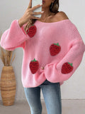 Strawberry Patch Slouchy Boat Neck Sweater - Pink
