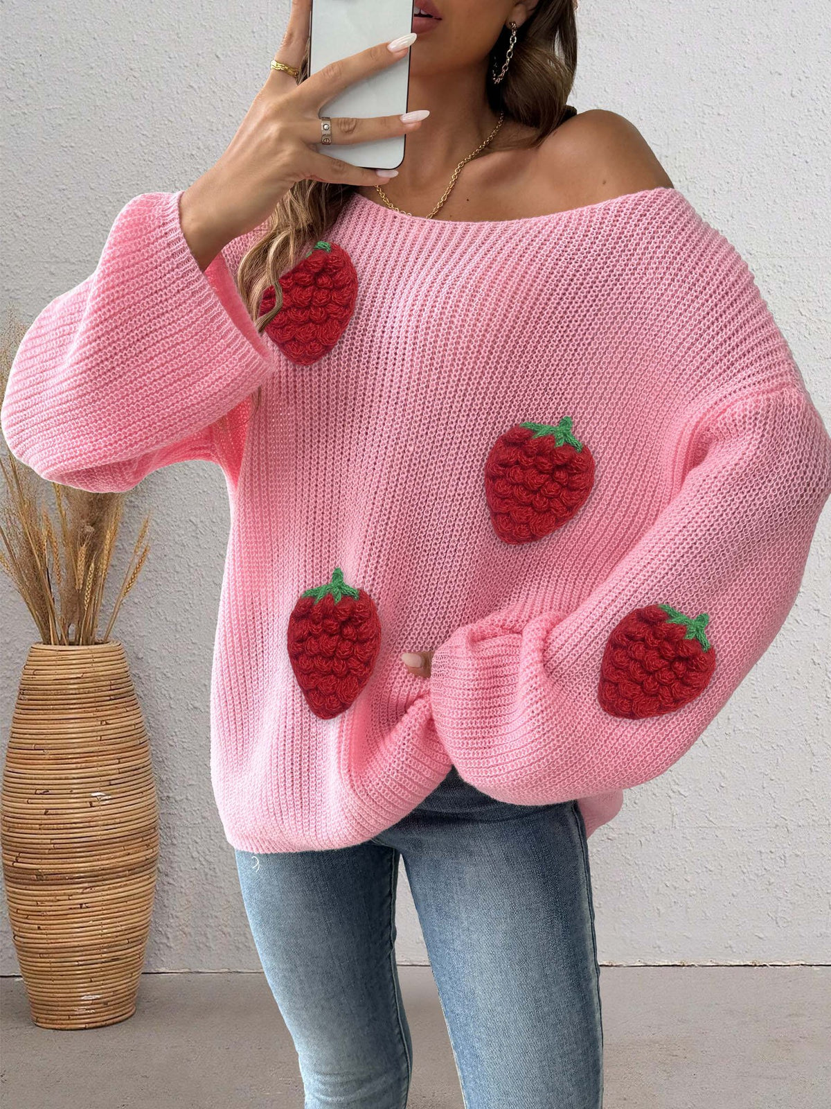 Strawberry Patch Slouchy Boat Neck Sweater - Pink