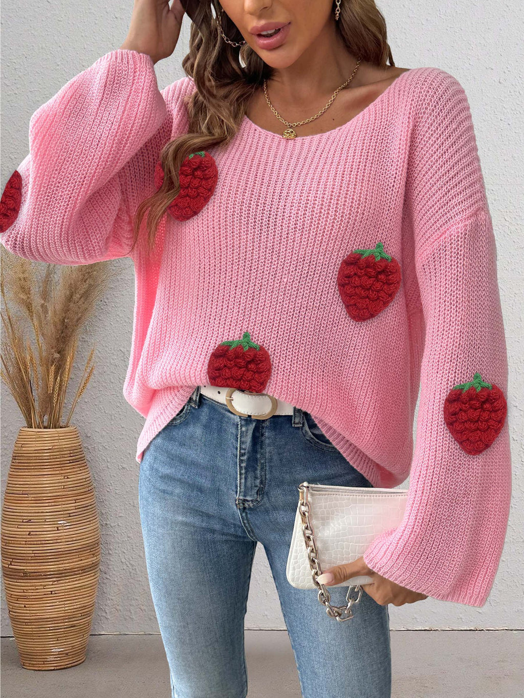 Strawberry Patch Slouchy Boat Neck Sweater - Pink - 1