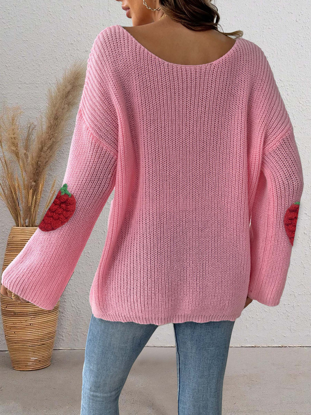 Strawberry Patch Slouchy Boat Neck Sweater - Pink - 2