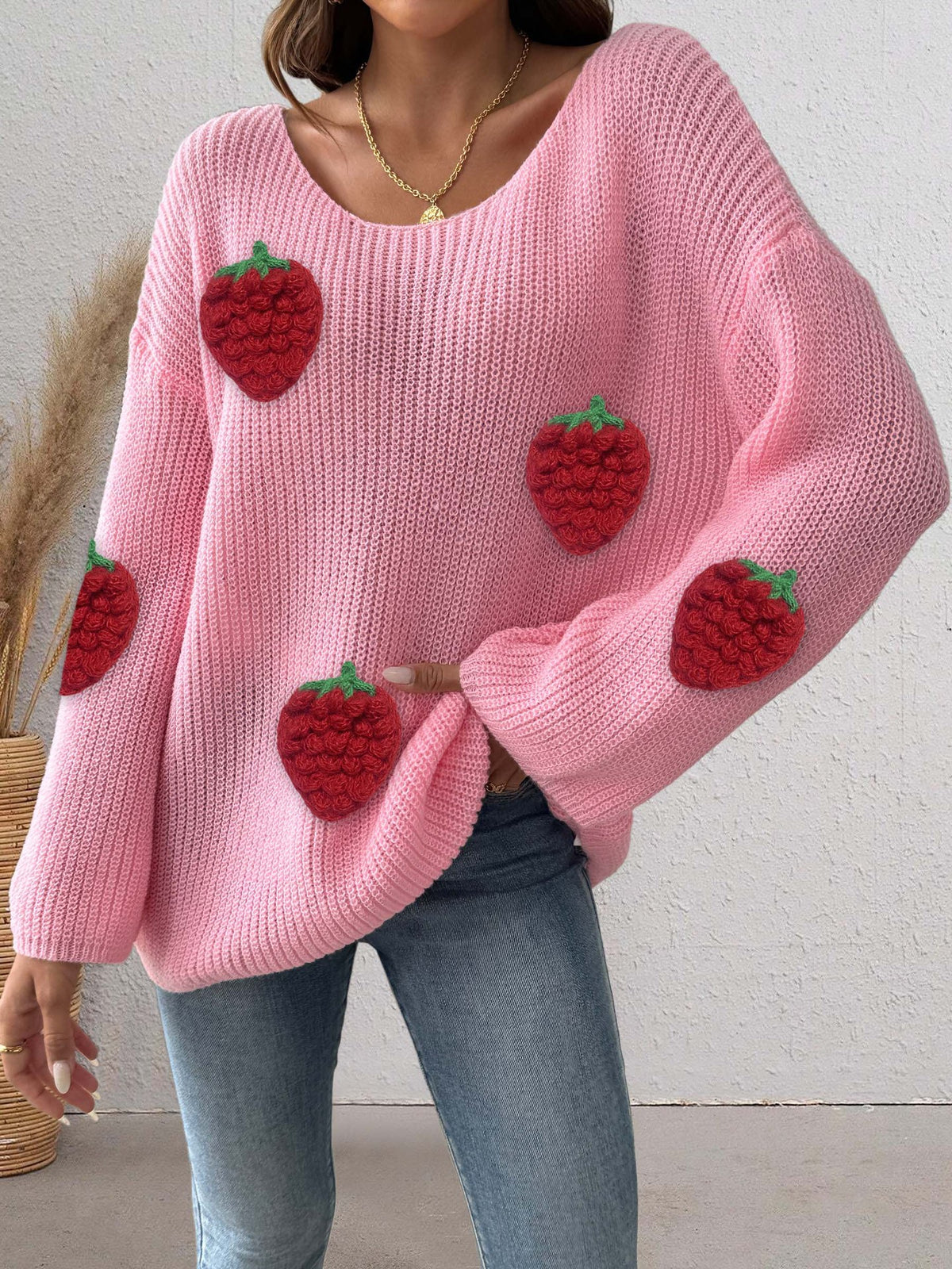 Strawberry Patch Slouchy Boat Neck Sweater - Pink - 3