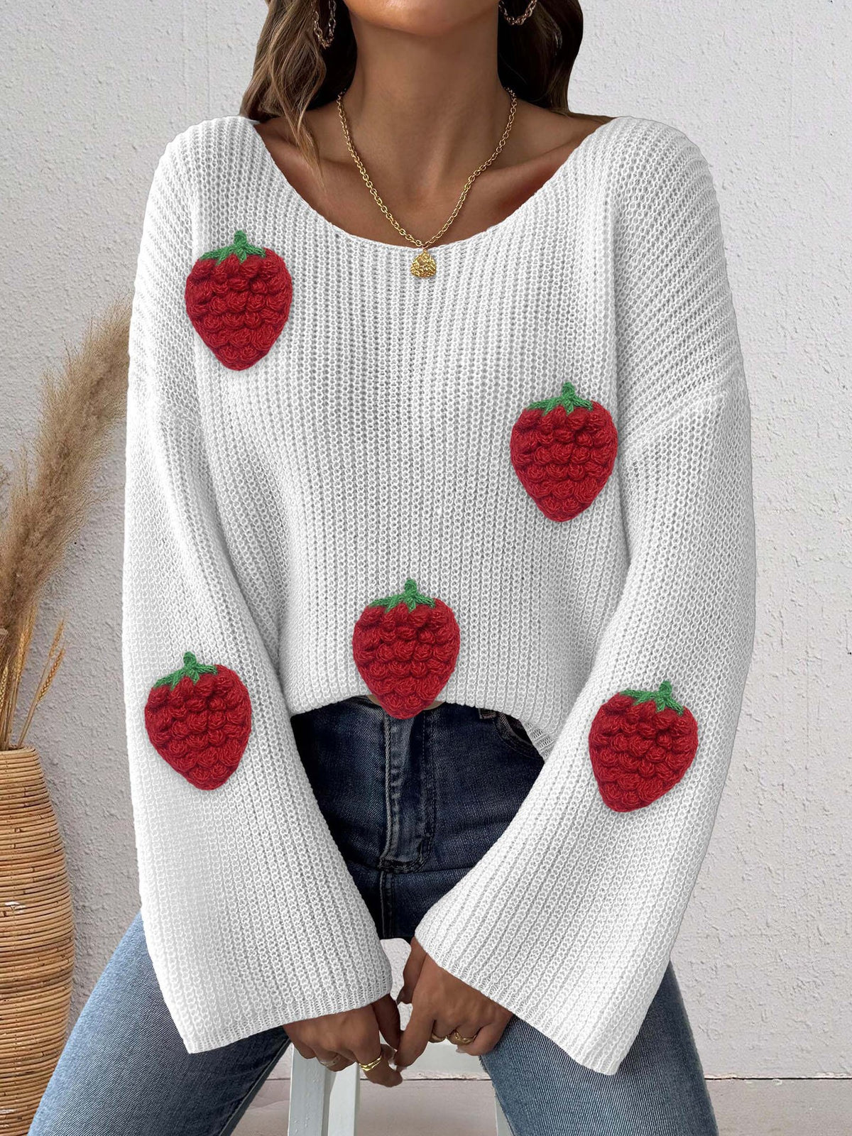 Strawberry Patch Slouchy Boat Neck Sweater - White