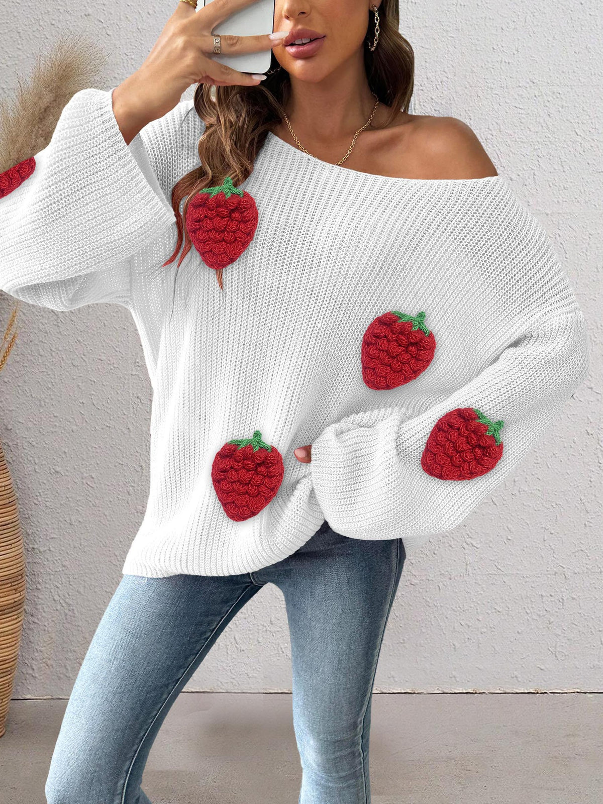 Strawberry Patch Slouchy Boat Neck Sweater - White - 1