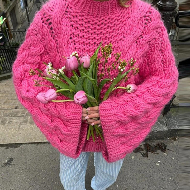 Slouchy Twisted Cable Crewneck Jumper - Fuchsia