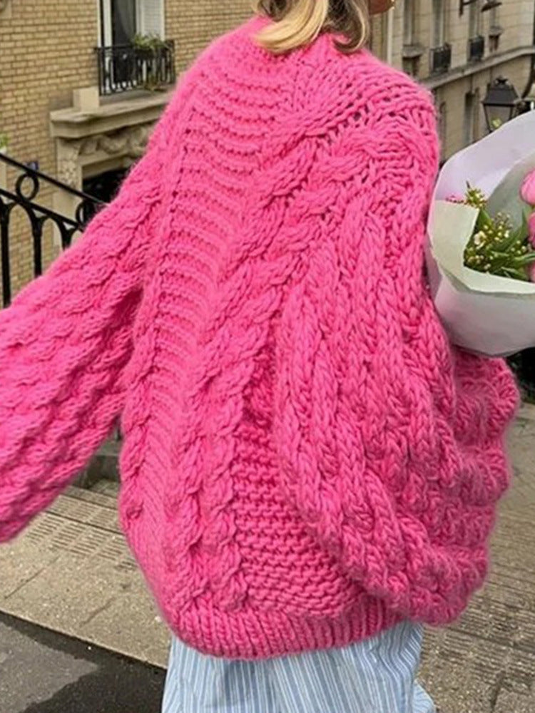 Slouchy Twisted Cable Crewneck Jumper - Fuchsia - 1
