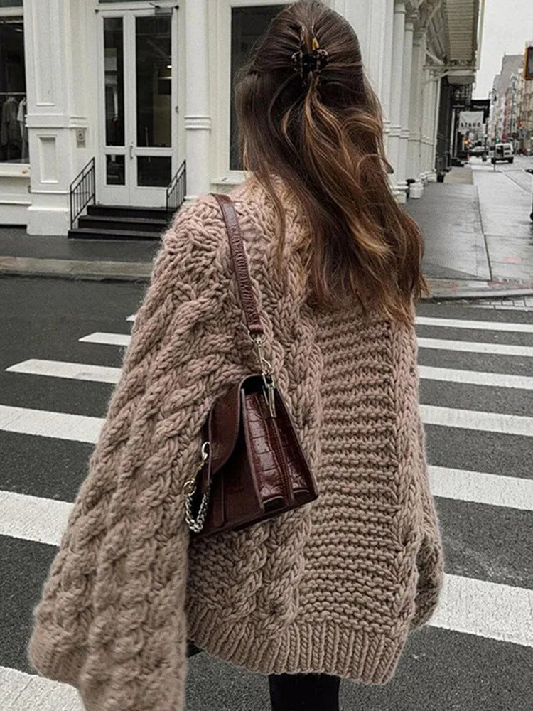 Slouchy Twisted Cable Crewneck Jumper - Taupe