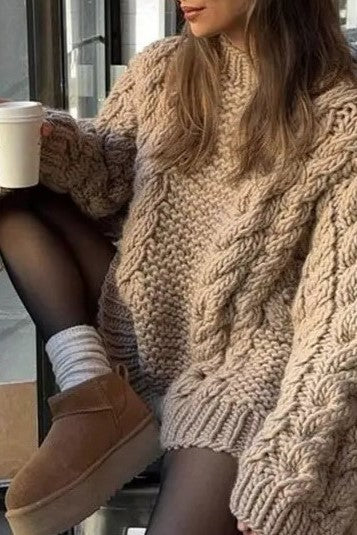 Slouchy Twisted Cable Crewneck Jumper - Taupe - 1