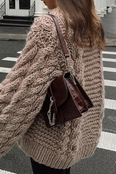 Slouchy Twisted Cable Crewneck Jumper - Taupe - 2