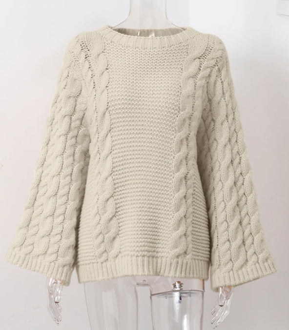 Slouchy Twisted Cable Crewneck Jumper - White