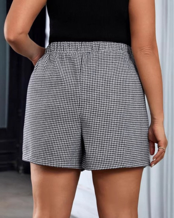 Houndstooth Check Pleated Tailored Shorts - Gray - 1