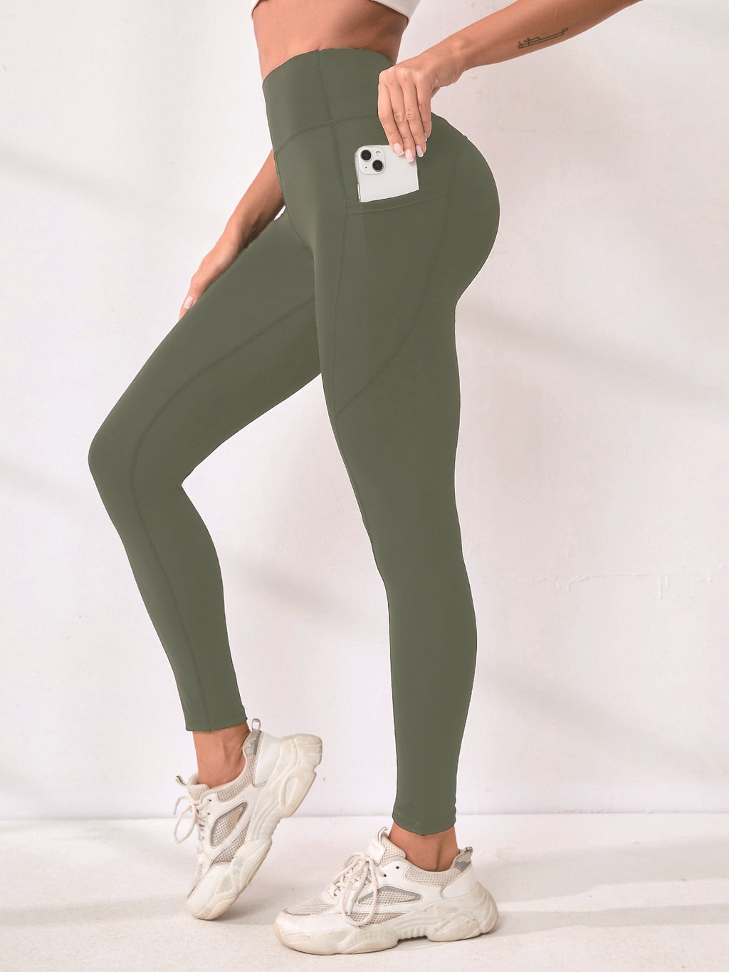 High Waist Ankle Yoga Leggings With Side Pockets - Army Green