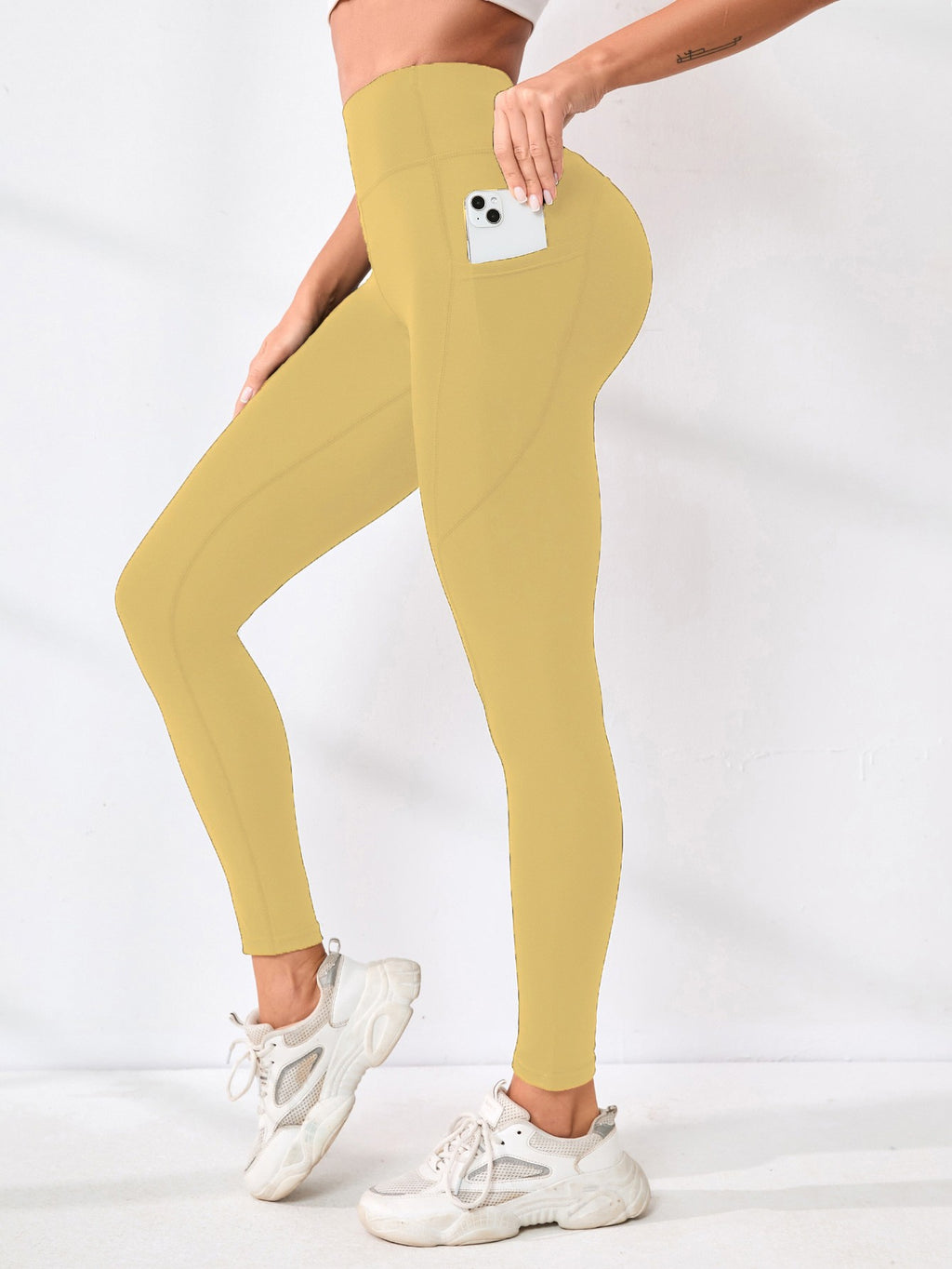 High Waist Ankle Yoga Leggings With Side Pockets - Mustard