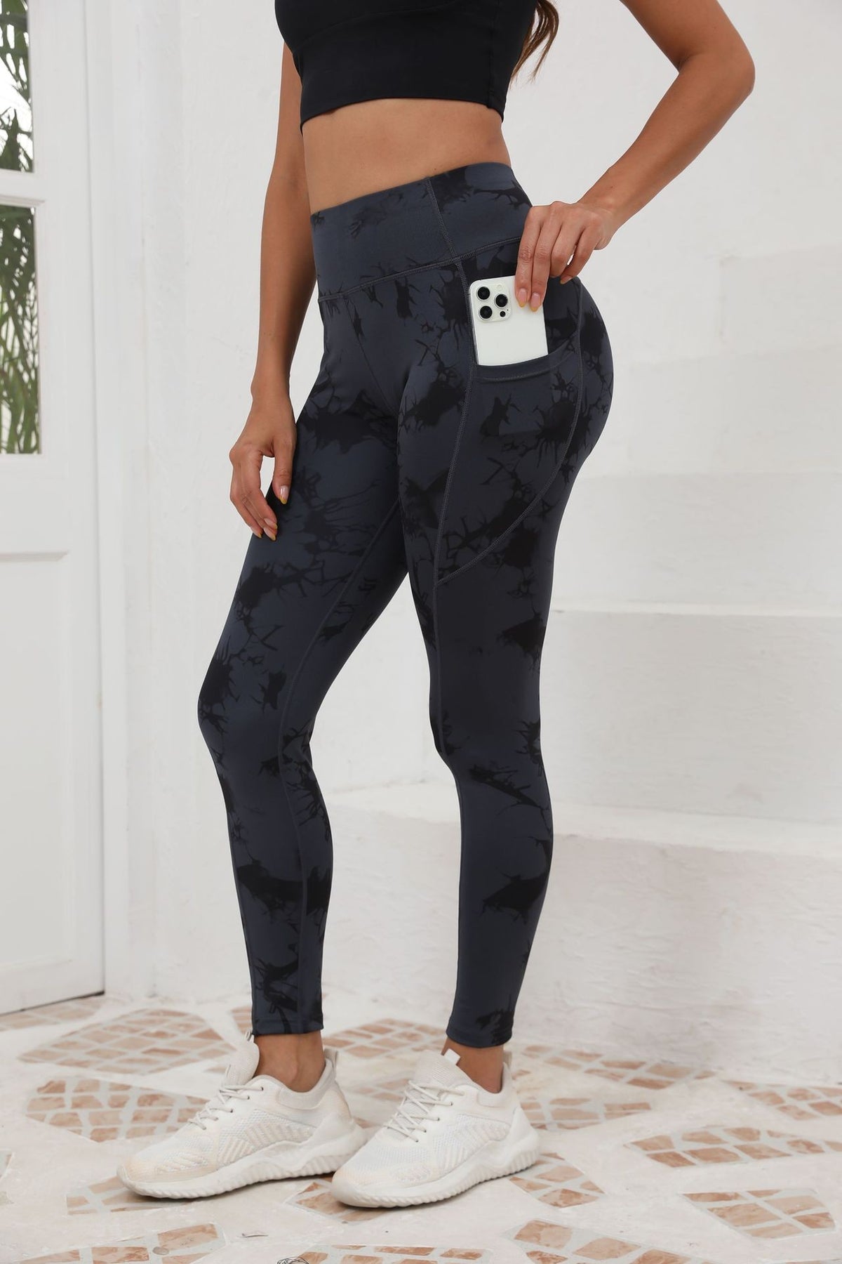 High Waist Ankle Yoga Leggings With Side Pockets - Navy Tie-Dye