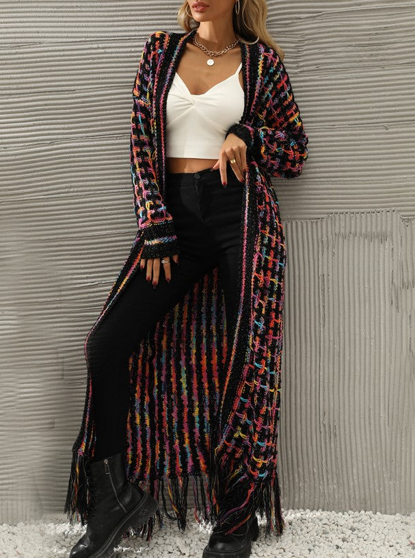 Fringe Hem Longline Open Front Cardigan - Purple