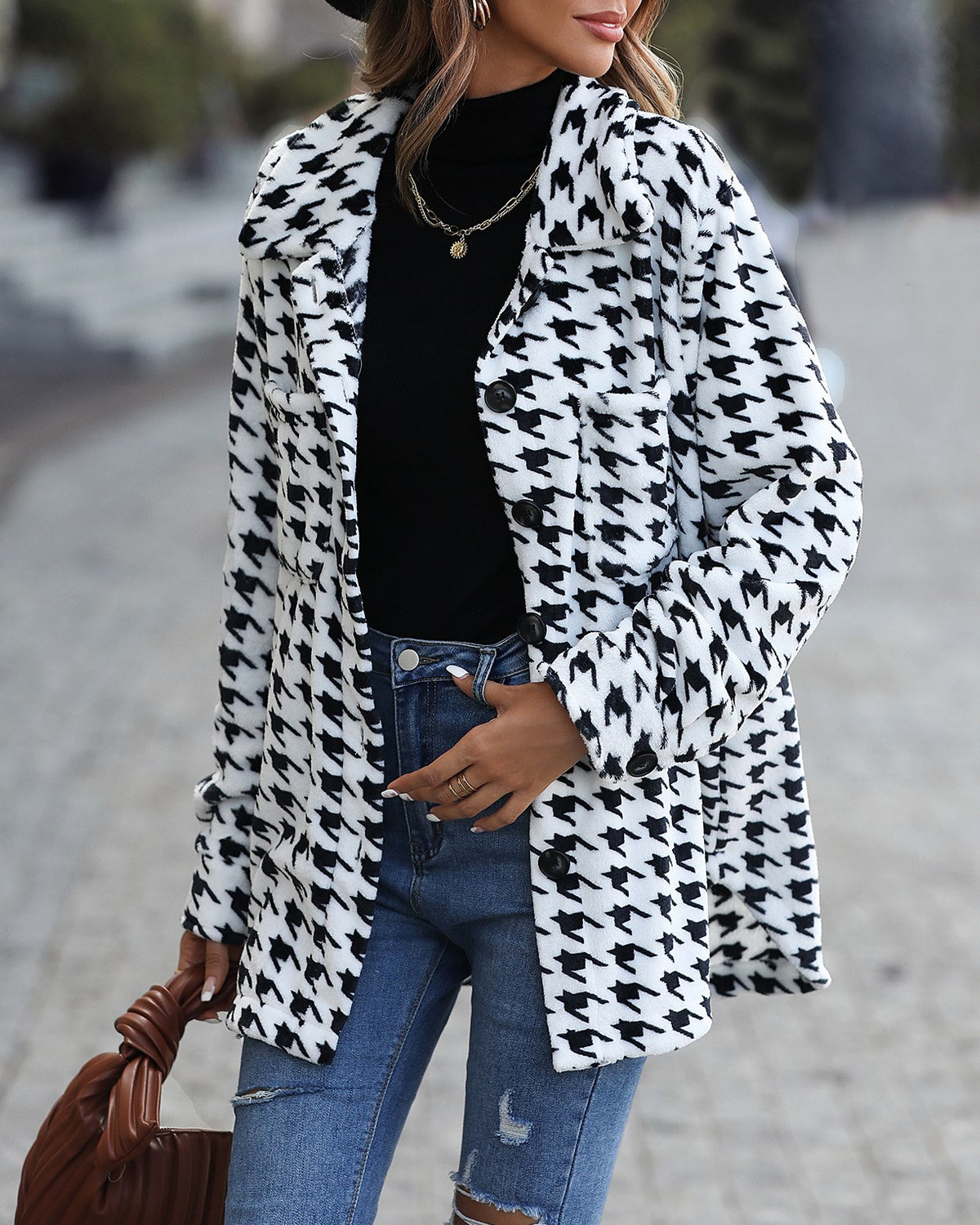 Houndstooth Flannel Button Front Coat - white