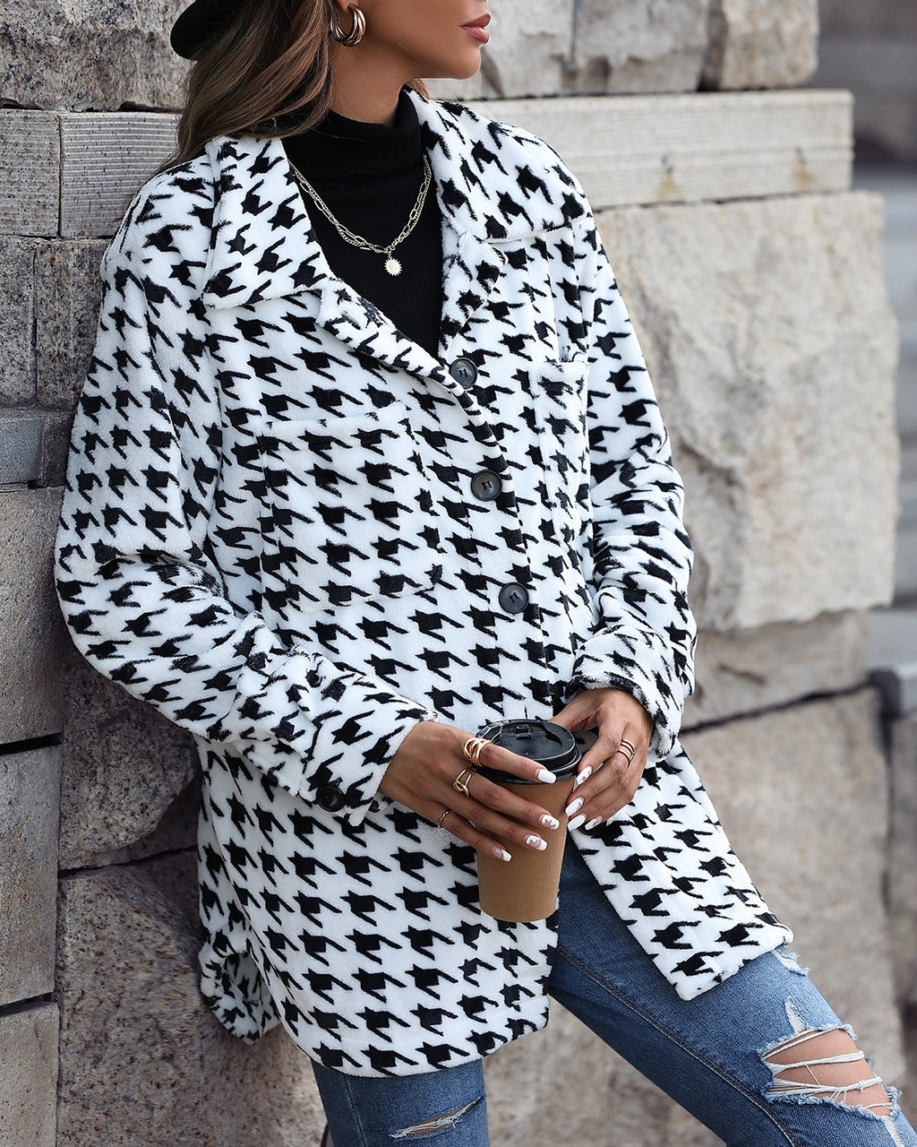 Houndstooth Flannel Button Front Coat - white - 1