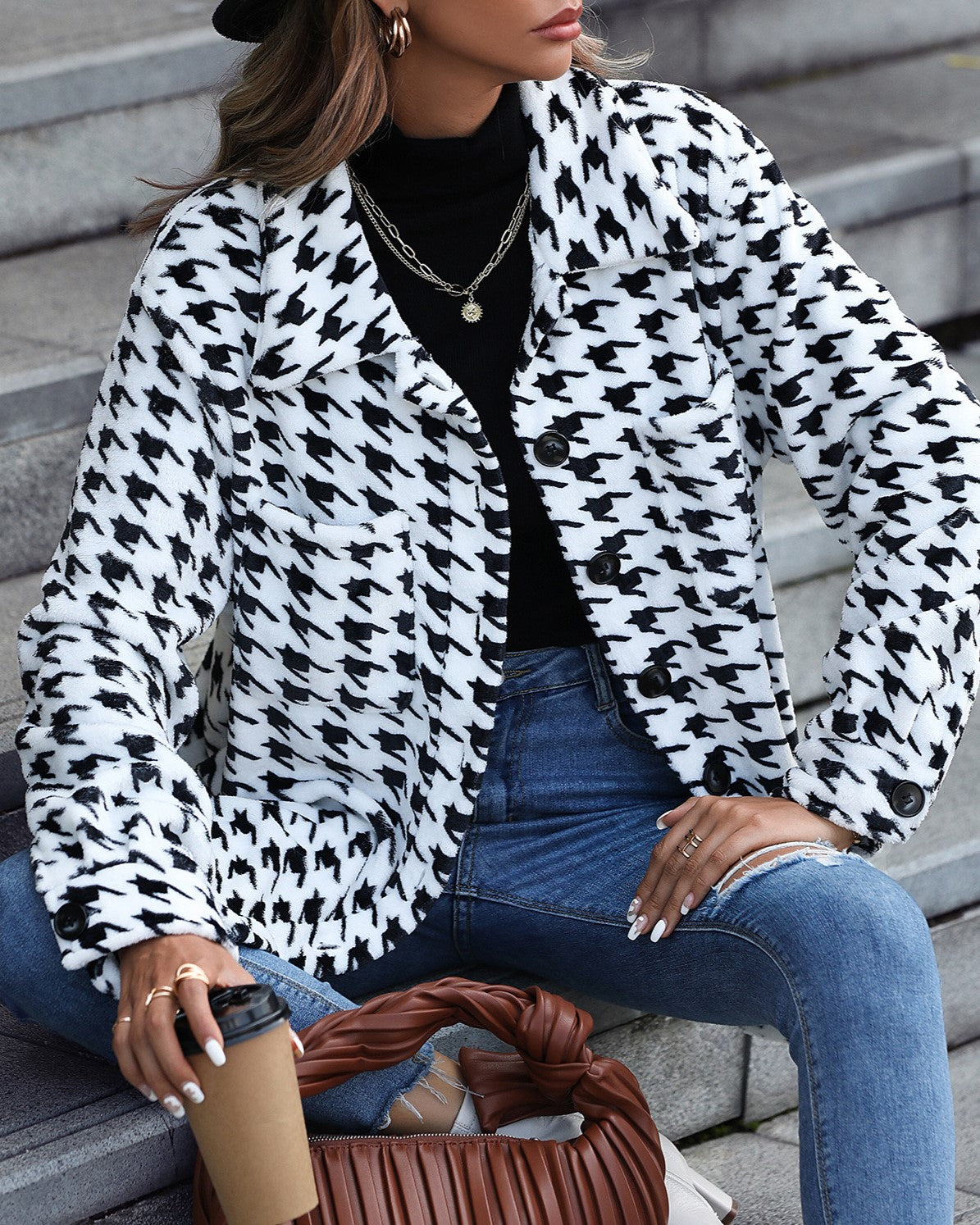 Houndstooth Flannel Button Front Coat - white - 2