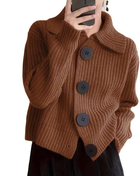 Chunky Rib Knit Cardigan With Big Collar - Coffee