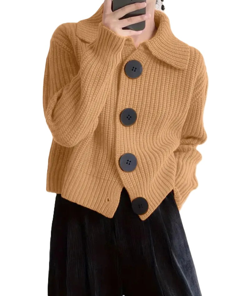 Chunky Rib Knit Cardigan With Big Collar - Color
