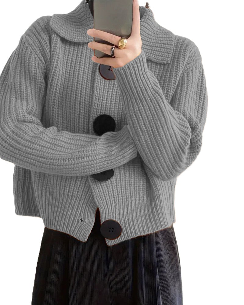 Chunky Rib Knit Cardigan With Big Collar - Grey