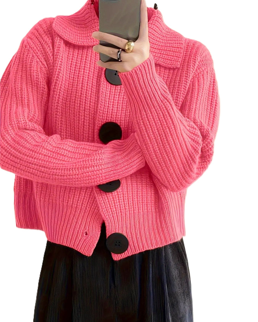 Chunky Rib Knit Cardigan With Big Collar - Rose