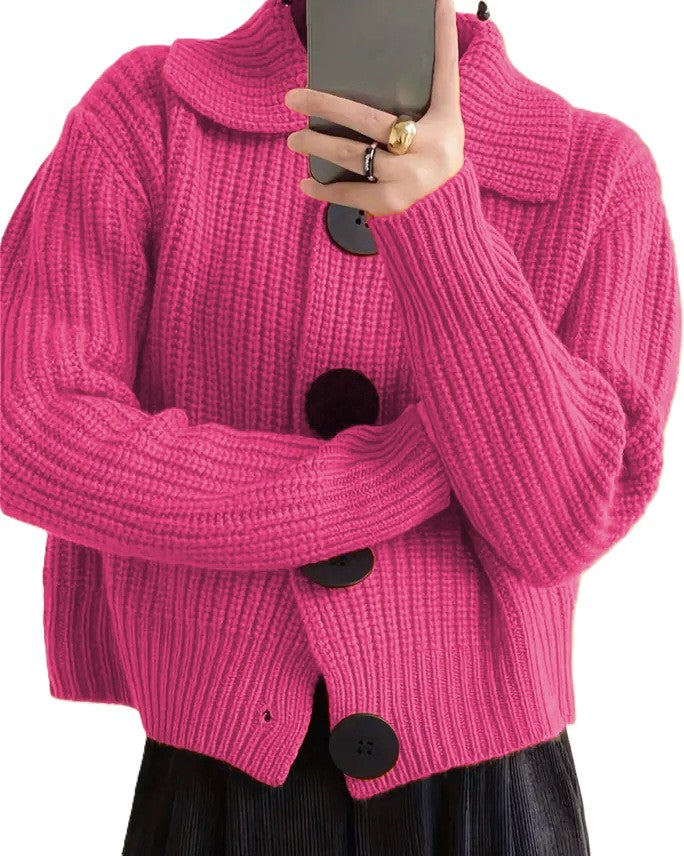 Chunky Rib Knit Cardigan With Big Collar - Rose-Red