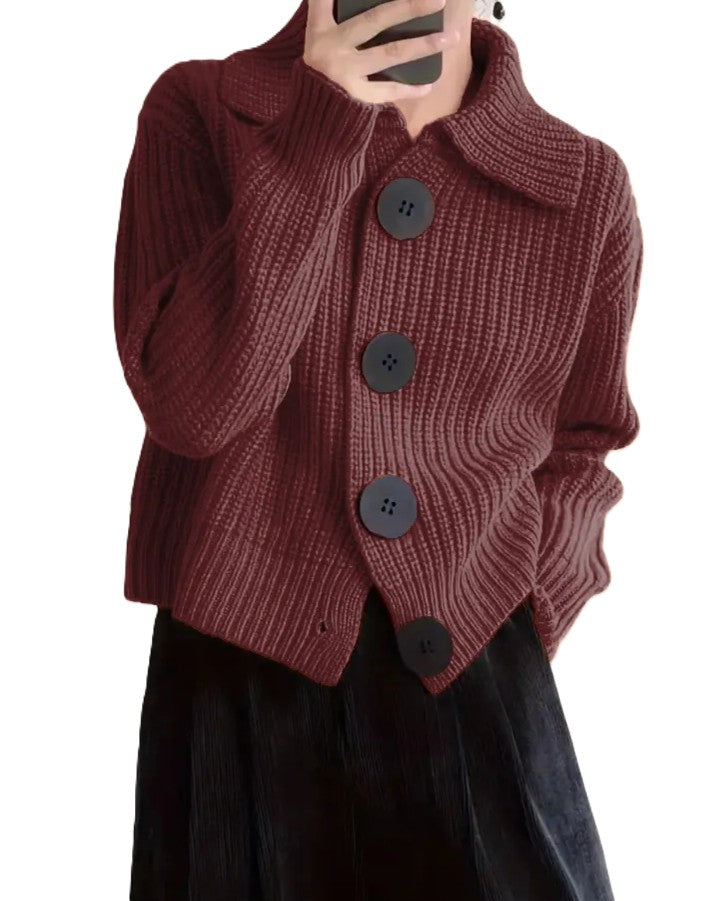 Chunky Rib Knit Cardigan With Big Collar - Wine-Red