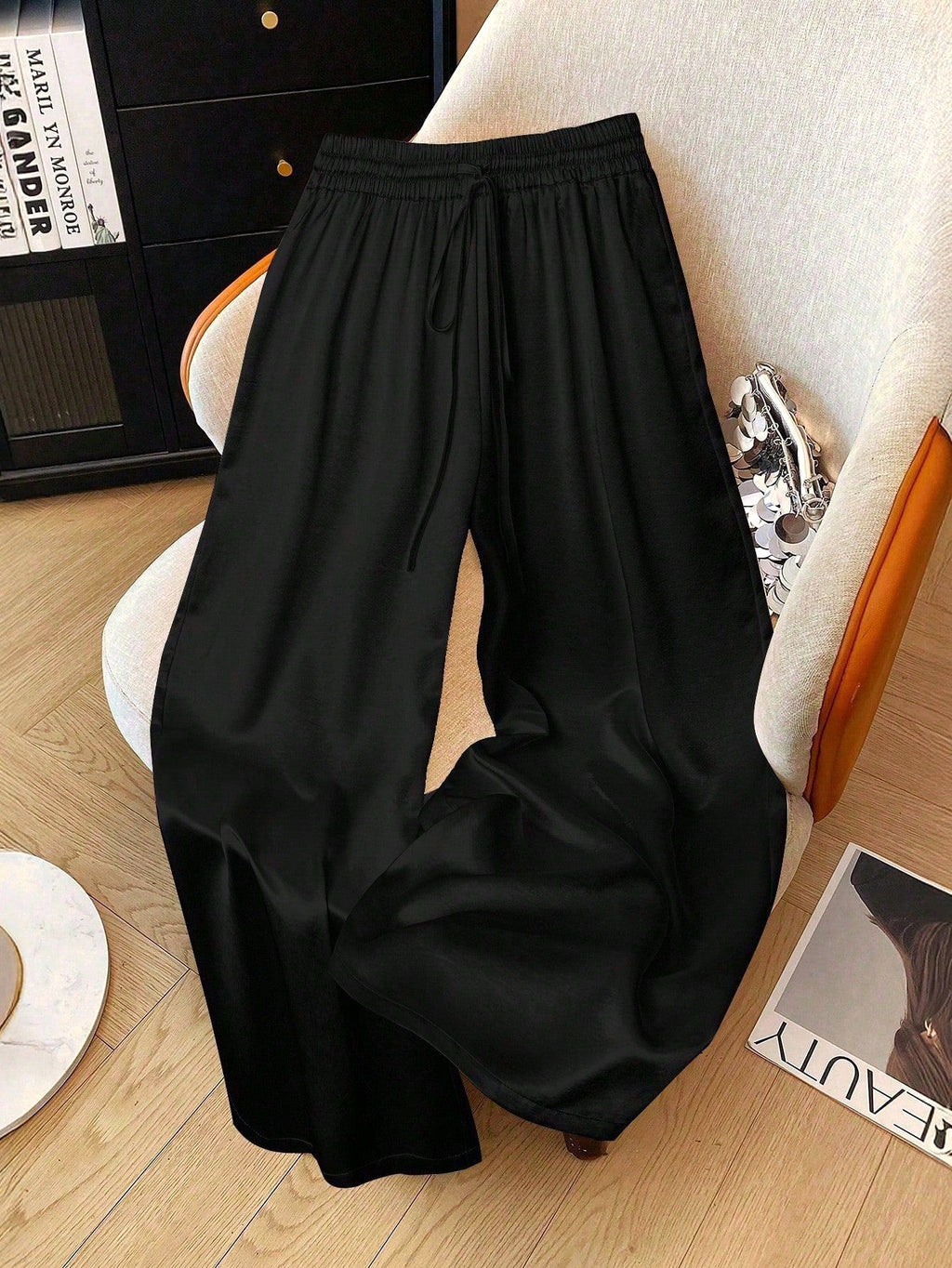 Flowy Satin Palazzo Pants With Drawstring Waist - Black