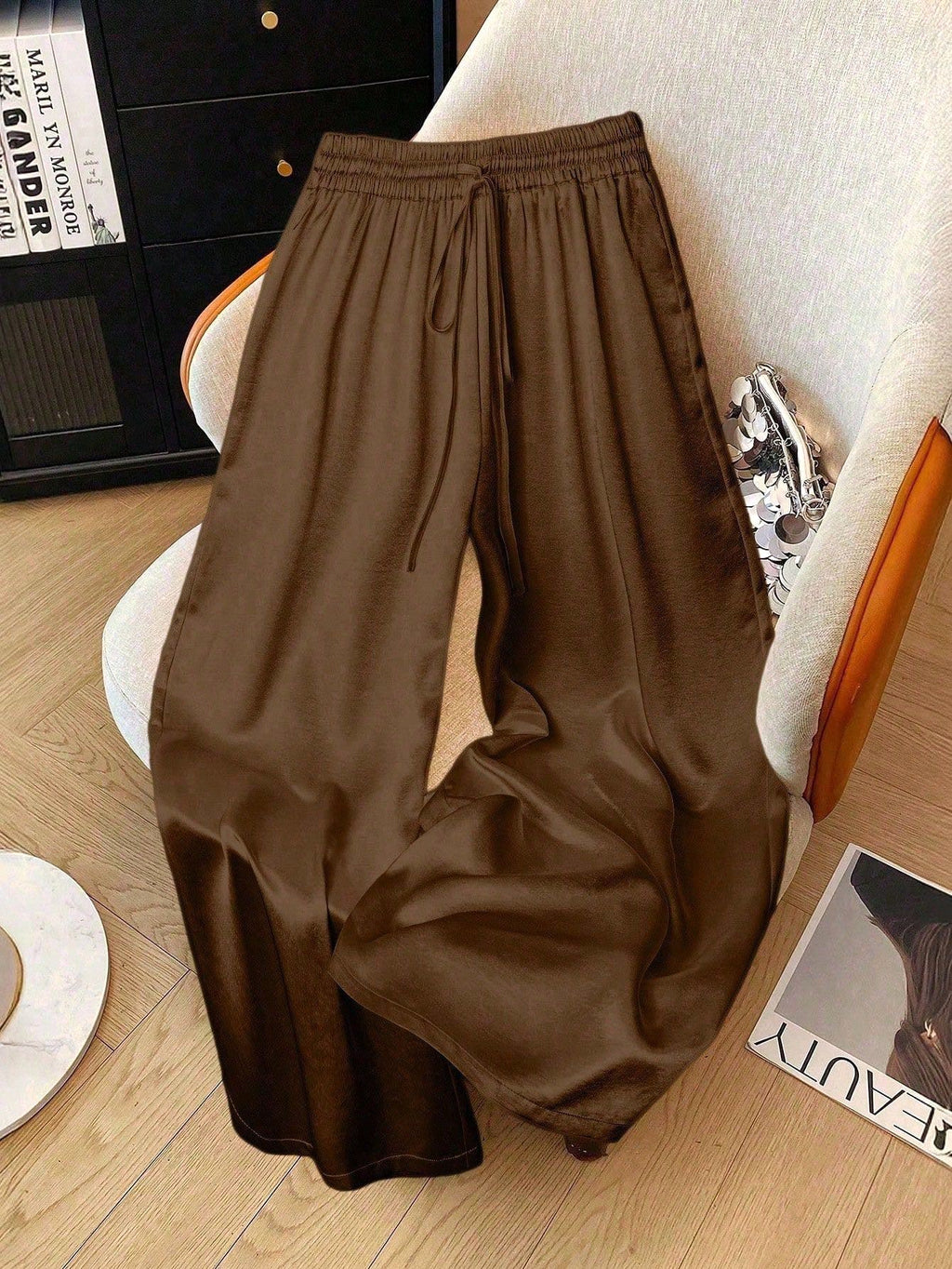 Flowy Satin Palazzo Pants With Drawstring Waist - Coffee