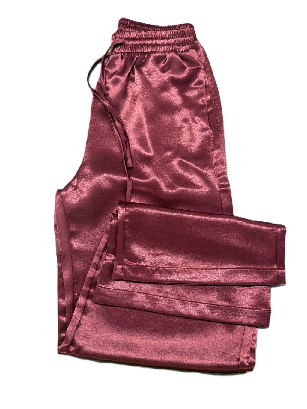 Flowy Satin Palazzo Pants With Drawstring Waist - WineRed