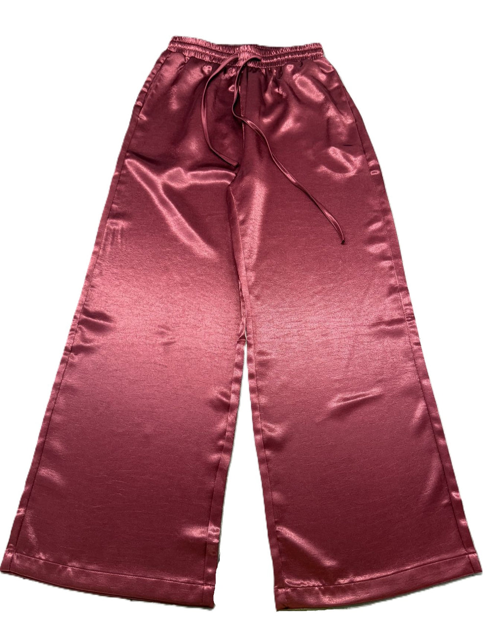 Flowy Satin Palazzo Pants With Drawstring Waist - WineRed - 1