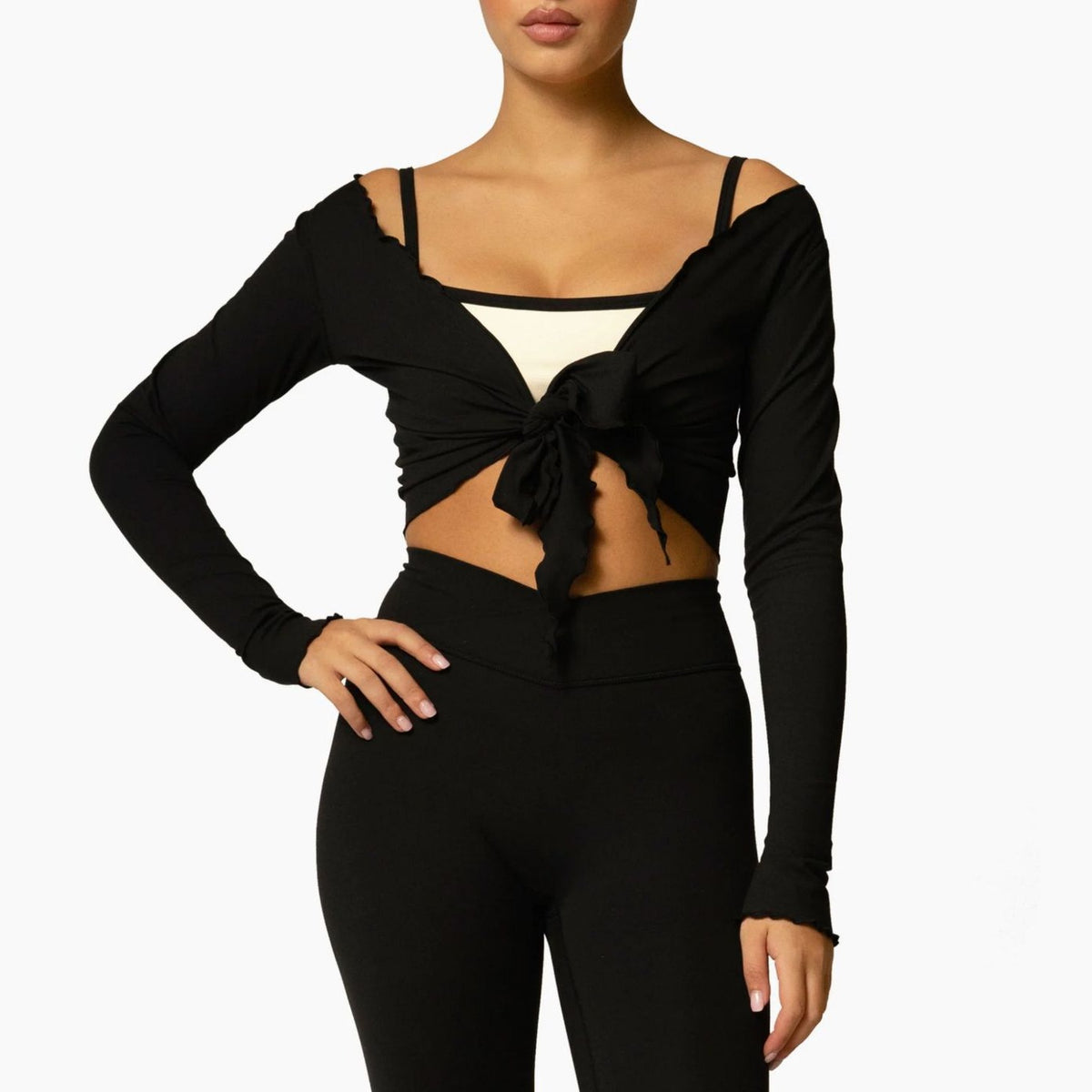 Ballet Wrap Tie Front Cropped Long Sleeve Yoga Top - Black