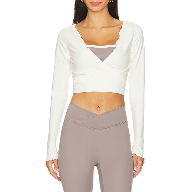 Ballet Wrap Tie Front Cropped Long Sleeve Yoga Top - Off White