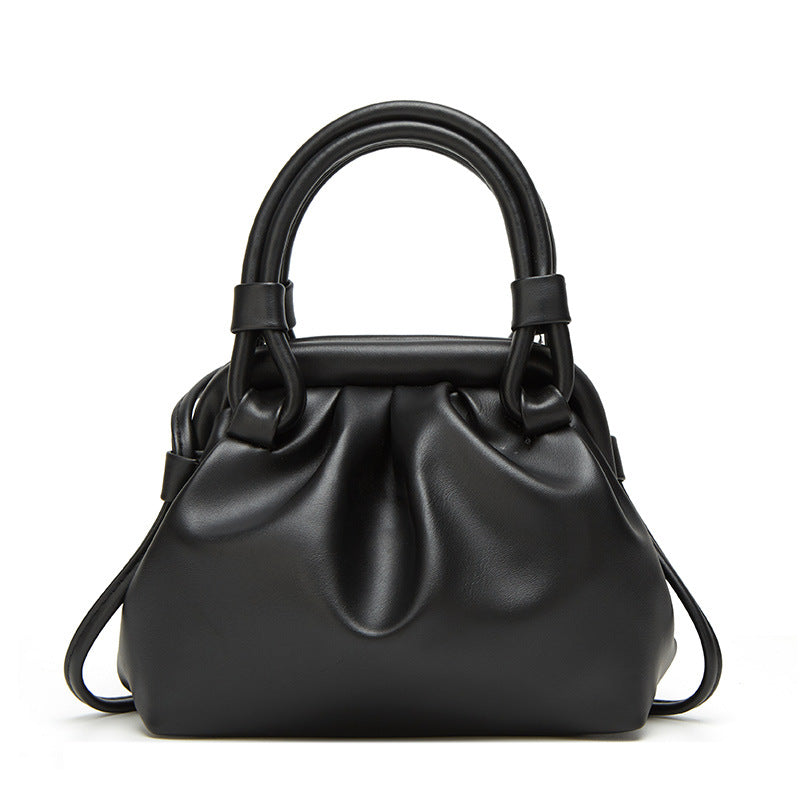 Soft Ruched Cloud Pouch Bag with Top Handle - Black