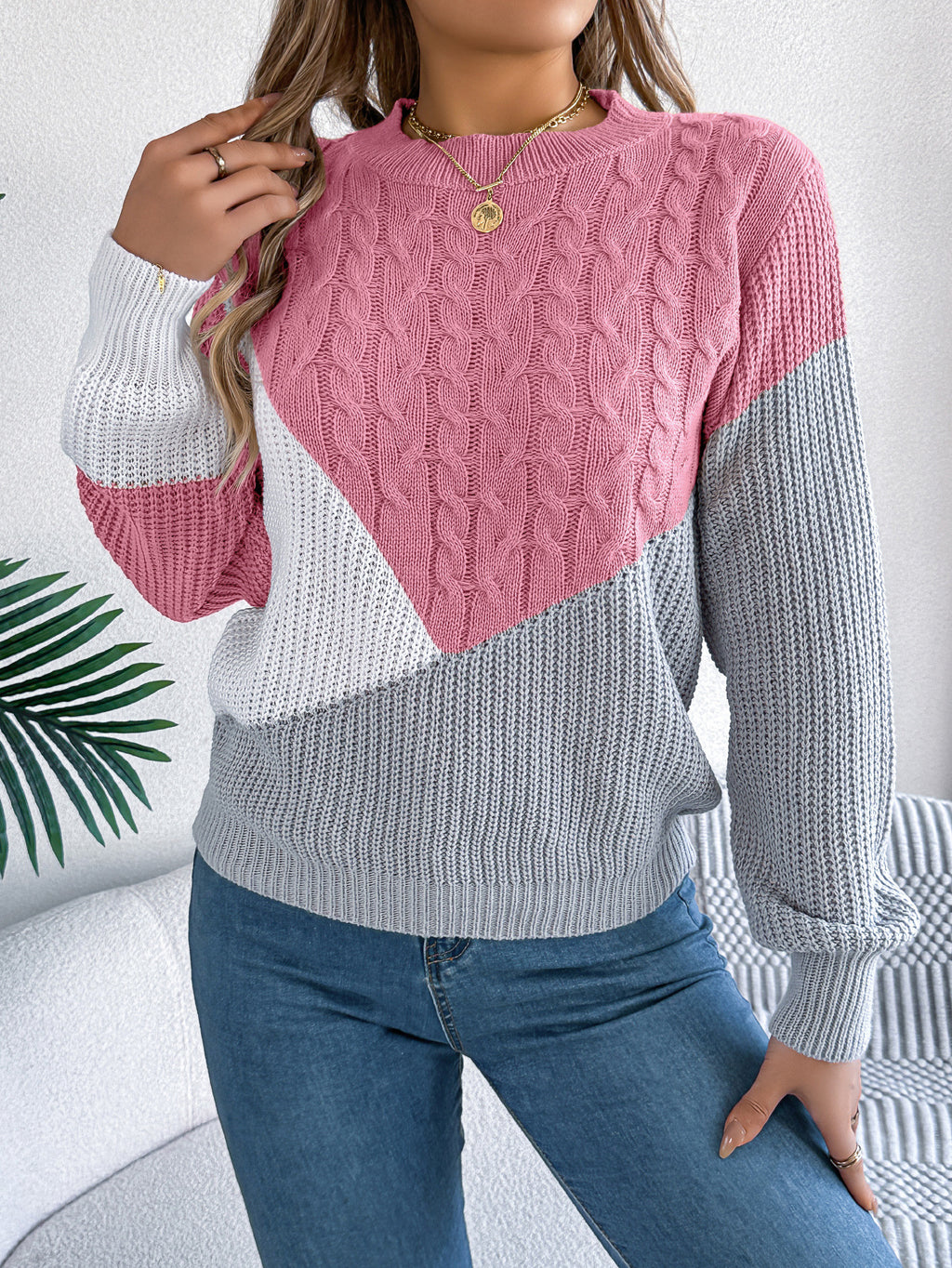 Diagonal Colorblock Cable Knit Sweater - Pink