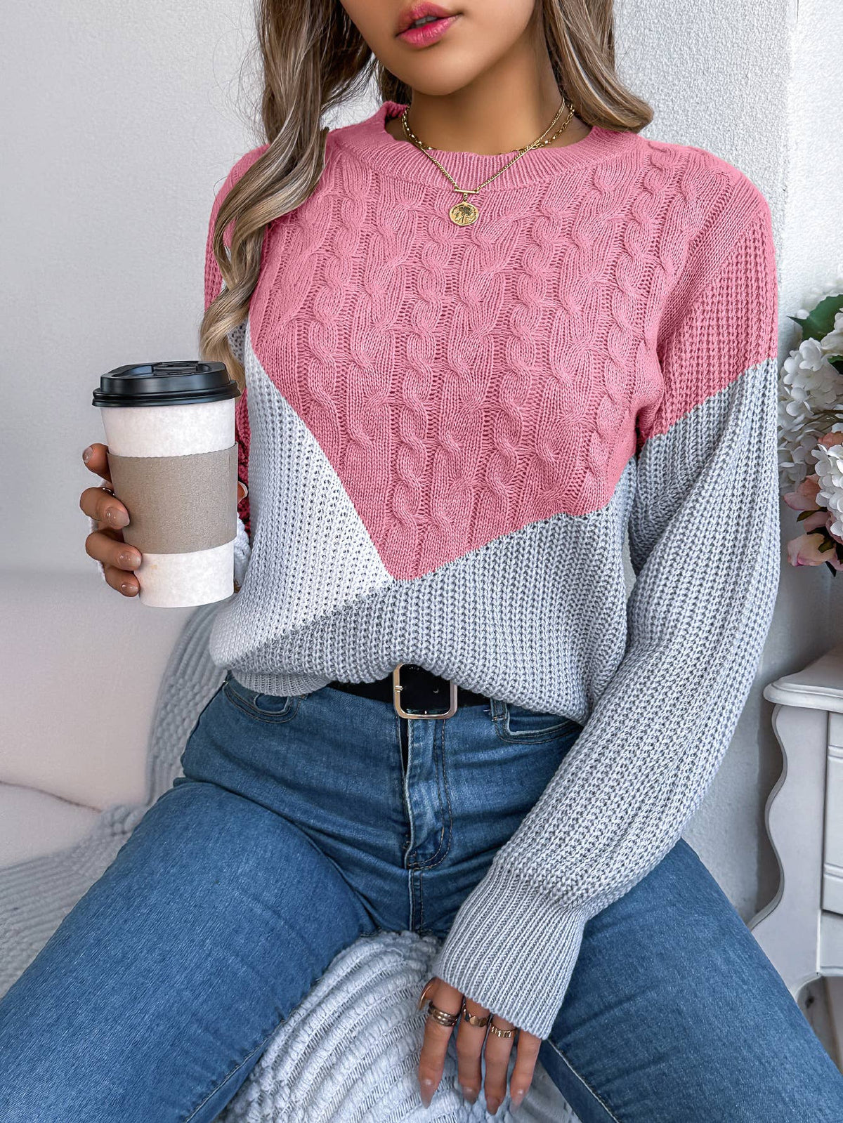 Diagonal Colorblock Cable Knit Sweater